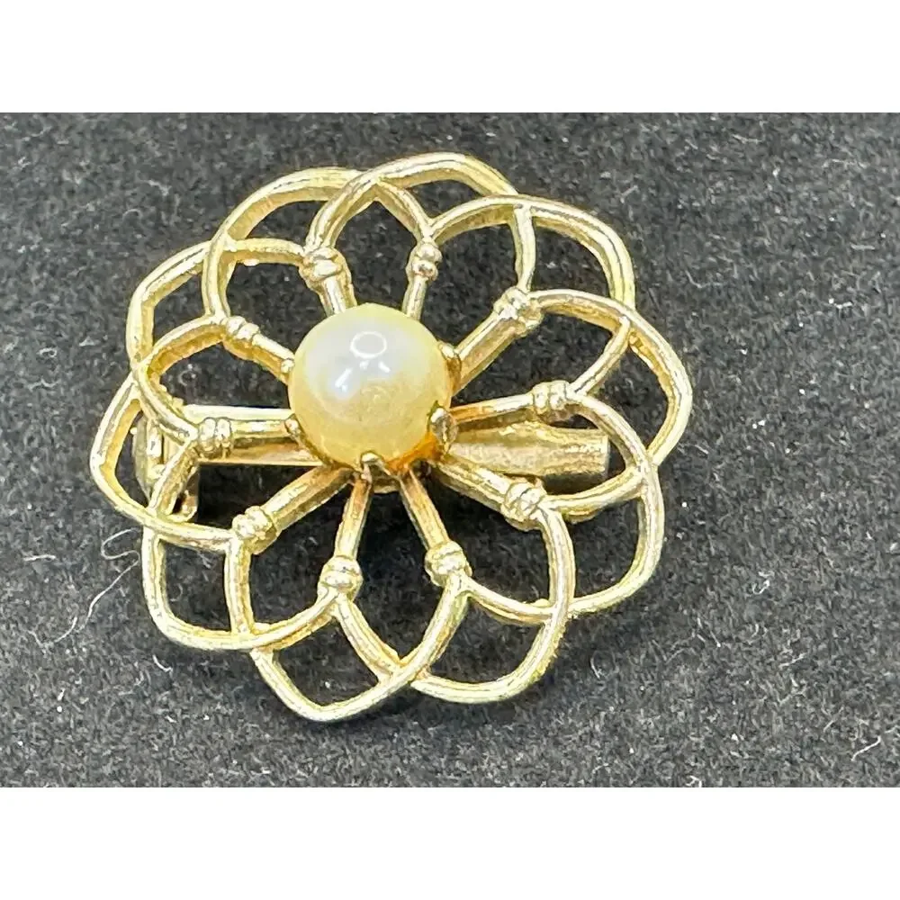 Gold-Tone Floral Pin With Single Pearl Center Vintage Openwork Design Estate